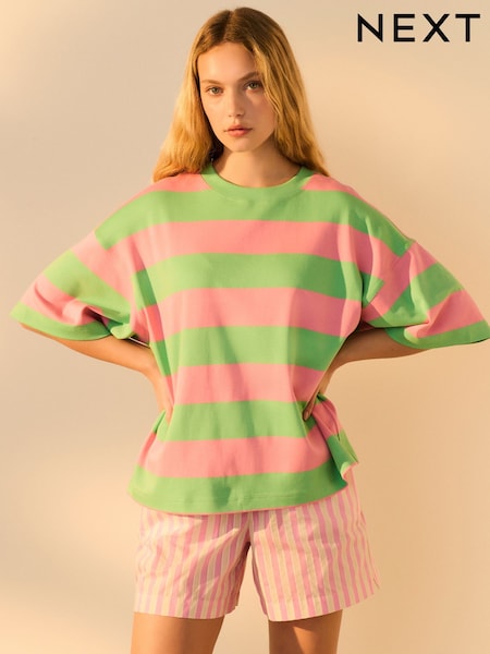 Pink/Green Stripe Oversized Relaxed Fit Boxy Heavyweight Crew Neck T-Shirt (AM2910) | kr179