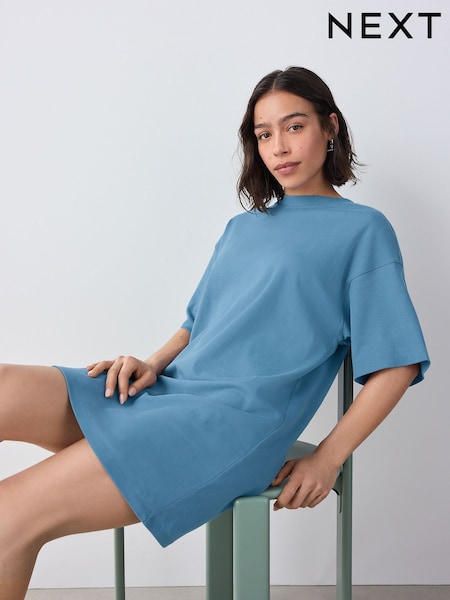 Washed Indigo Blue Relaxed Fit Short Sleeve 100% Cotton Crew Neck Mini Dress (AM2915) | €29