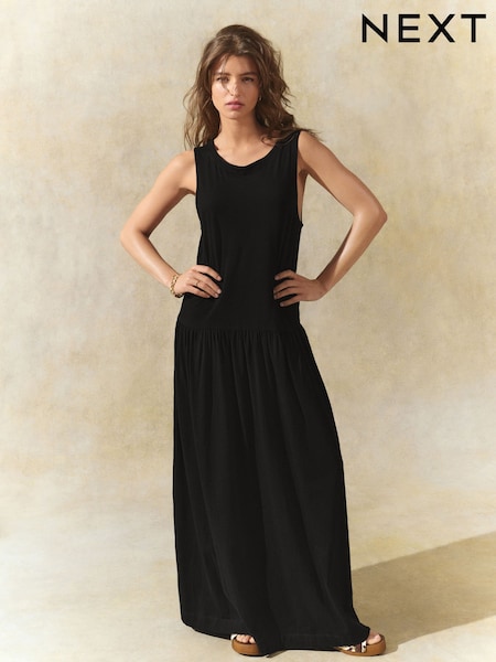 Black Drop Waist Maxi Length Jersey Dress (AM2922) | $34