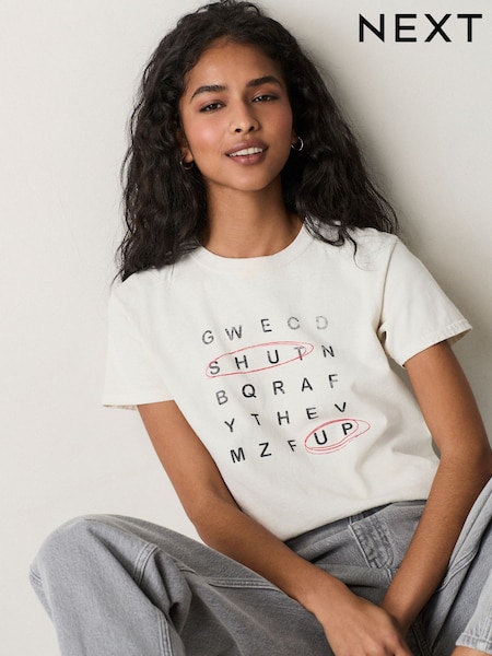 Ecru - 100% Cotton Novelty Crossword Puzzle Graphic Lyhyt hiha T-paita (AM2923) | €28