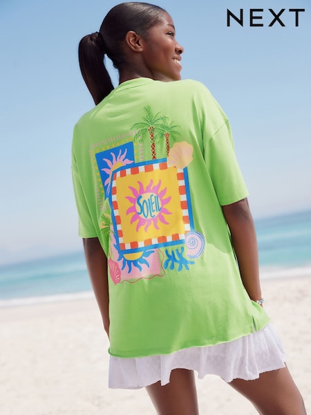 Bright Green Colourful Sun Graphic Relaxed Fit Short Sleeve Seam Detail Skater Style 100% Cotton T-Shirt (AM2925) | €27