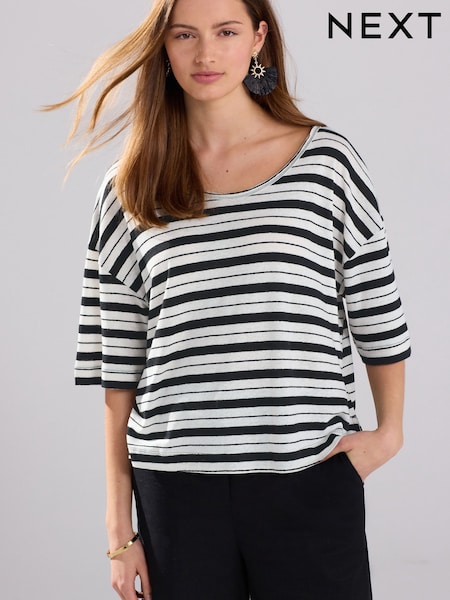 Black/White Stripe Linen Modal Blend Soft Touch Scoop Neck T-Shirt (AM2935) | kr319
