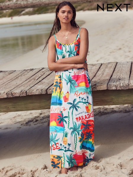 Bright All Over Print Maxi Length Trapeze Shape Ruched Neckline Thin Vest Strap Dress (AM2936) | 777 UAH