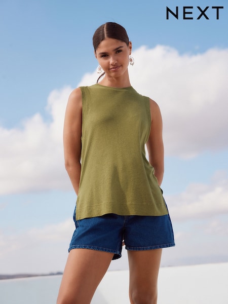 Khaki Green Linen Modal Soft Touch Sleeveless Crew Neck Tank Vest Top (AM2937) | €20