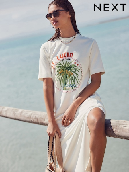 Palm Graphic Ecru White Heavyweight Short Sleeve Crew Neck Maxi T-Shirt Dress (AM2938) | €37