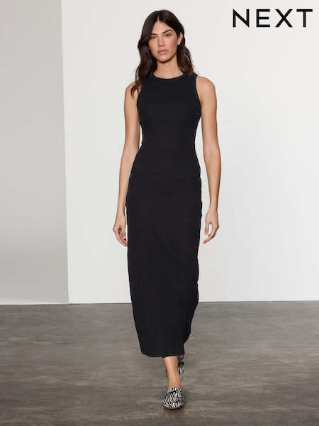 Black Ribbed Racer Back Sleeveless Maxi Length Dress (AM2939) | 919 UAH