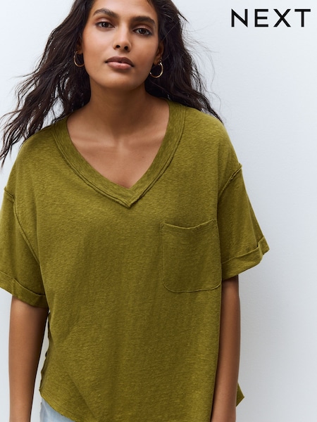 Olive Green Oversized V-Neck Short Sleeve T-Shirt (AM2943) | $28