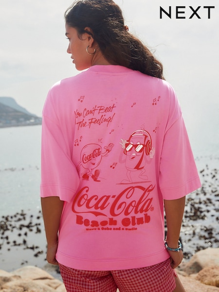 Pink/Red Beach Club - Cotton Official Coca Cola Licence Graphic Short Sleeve Crew Neck T-Shirt (AM2948) | 37 €
