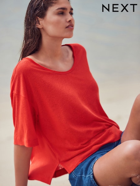 Bright Red Linen Modal Blend Soft Touch Scoop Neck T-Shirt (AM2949) | €28