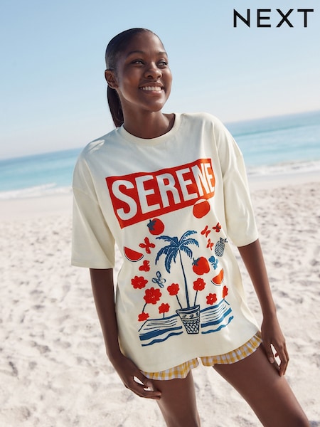 Ecru Valkoinen/Punainen - Graphic Fun Summer Fruit 100% Cotton Relaxed Fit T-Shirt (AM2957) | €28