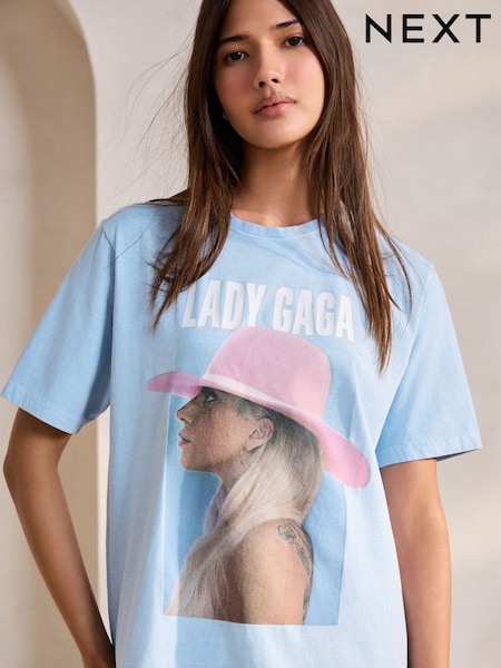 Light Blue Offcial Licence Lady Gaga Graphic Oversized Short Sleeve Crew Neck 100% Cotton T-Shirt (AM2960) | €34.50