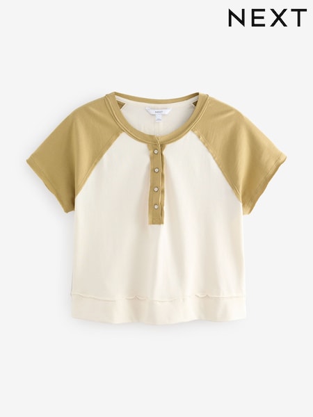 Ecru White and Green Shorter Length Raglan Colourblock Short Sleeve Button Henley T-Shirt (AM2964) | €23