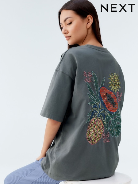 Charcoal Green Oversized 100% Cotton Embroidered Colourful Fruit Back Graphic Short Sleeve Crew Neck T-Shirt (AM2965) | €28