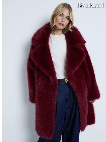 River Island Red Dark Plush Faux Fur Coat (AM2988) | AED288