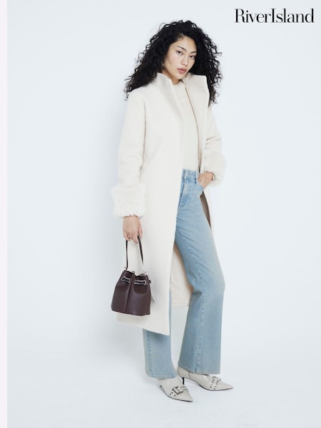 River Island Cream Faux Fur Cuff Boiled Wool Coat (AM2995) | LEI 591