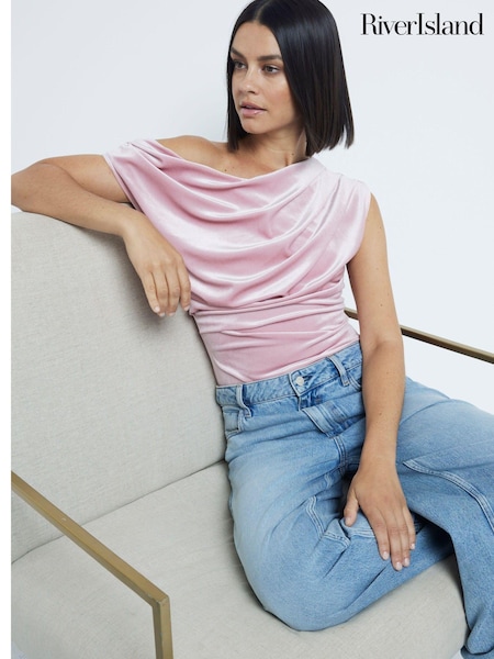 River Island Pink Velvet Off Shoulder Ruched Top (AM3004) | 2,103 UAH