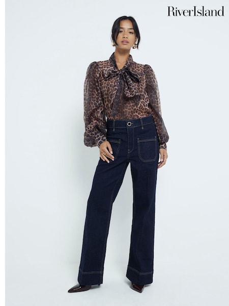 River Island Blue Dark High Waisted Pocket Front Wide Leg Jeans (AM3011) | €79