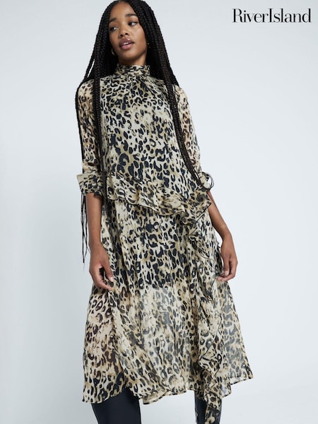 River Island Brown Animal Print High Neck Frill Midi Dress (AM3012) | 277 QAR