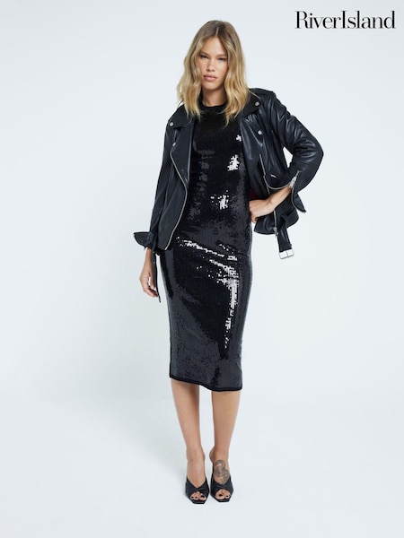 River Island Black Sequin Bodycon Midi Dress (AM3018) | €77