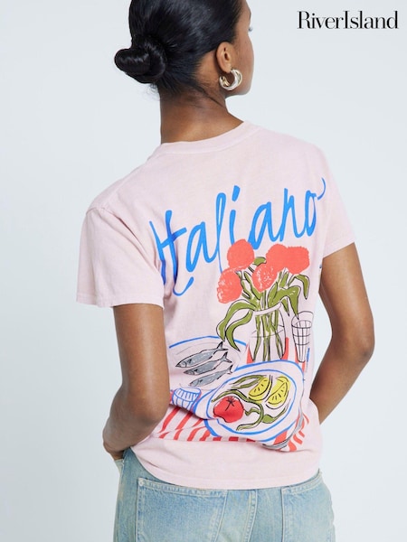 River Island Boyfriend Fit 100% Cotton Italiano Back Print T-Shirt (AM3024) | €39