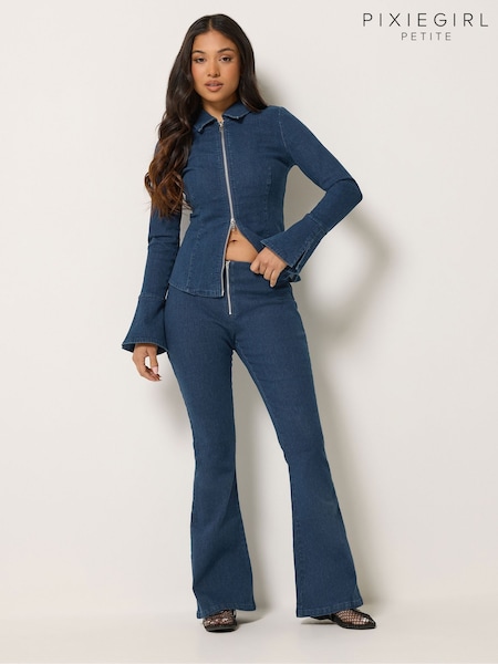 Blue - Pixiegirl Petite Zip Front Kick Flare Jeans