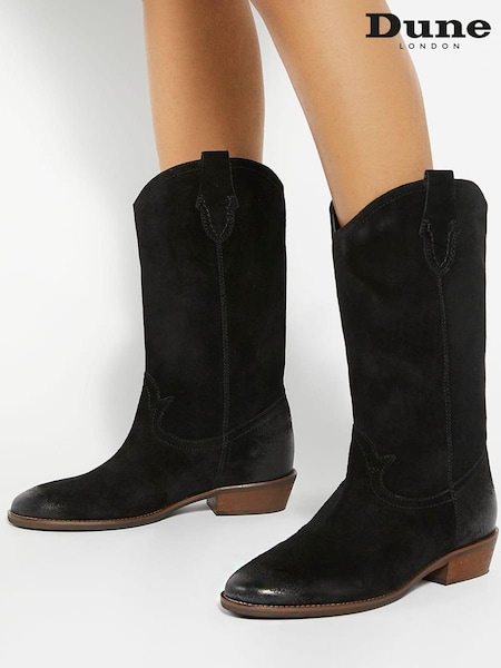 Dune London Black Prickles Round Toe Flat Western Boots (AM3278) | €114