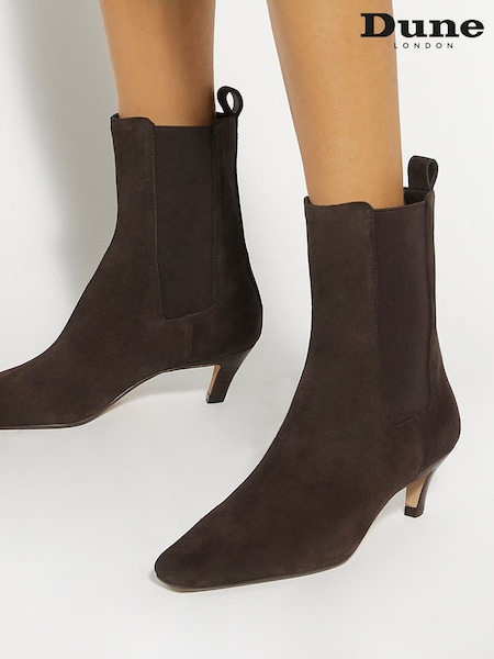Dune London Brown Chrome Odele Angle Midi Heel Ankle Boots (AM3288) | $220