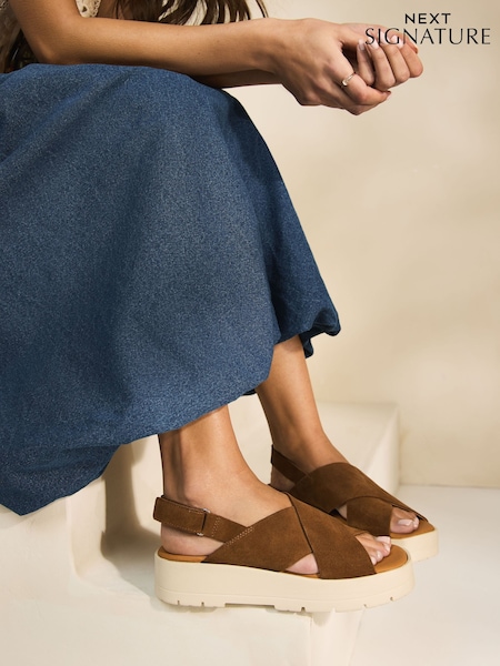 Tan Brown Suede Signature Cross Strap Chunky Flatform Sandals (AM3378) | €90.50