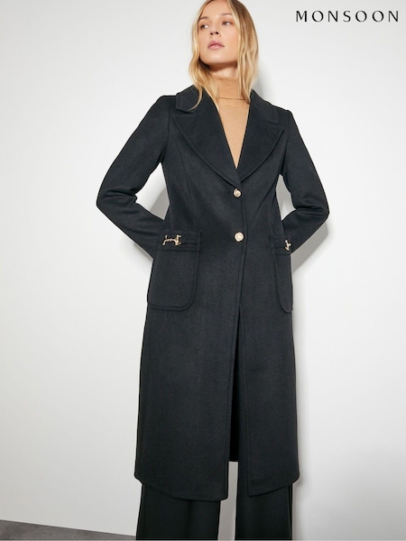 Monsoon Black Fleur Military Longline Coat (AM3394) | ₪1,006