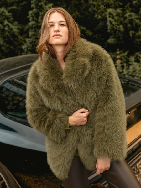 Monsoon Green Felixa Faux Fur Coat (AM3396) | ₪754