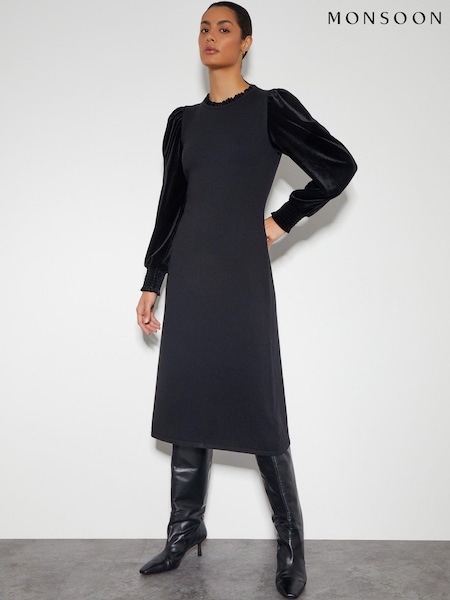 Monsoon Black Viv Velvet Sleeve Knit Midi Dress (AM3406) | €57