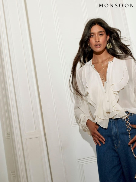 Monsoon Natural Saskia Stud Ruffle Blouse (AM3407) | €43