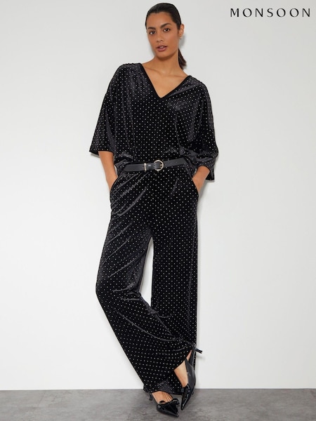 Monsoon Black Nala Spot Velvet Wide Leg Trousers (AM3412) | €34