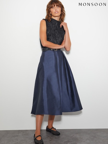 Monsoon Blue Tanya Taffeta Pleated Midi Skirt (AM3421) | 210 QAR