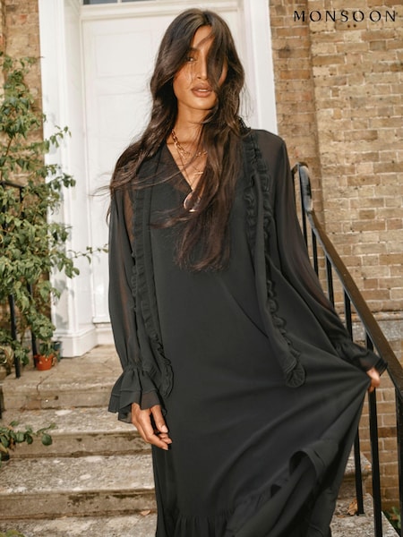 Monsoon Black Aurelia Long Sleeve Ruffle Midi Dress (AM3427) | 245 QAR
