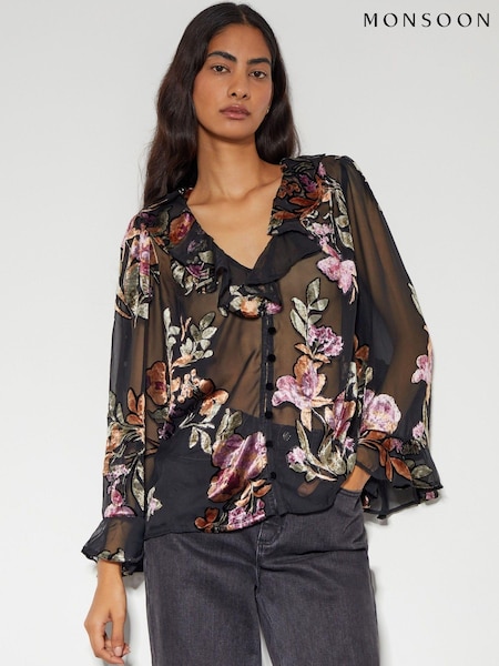 Monsoon Black Ariella Floral Devore Blouse (AM3432) | AED266