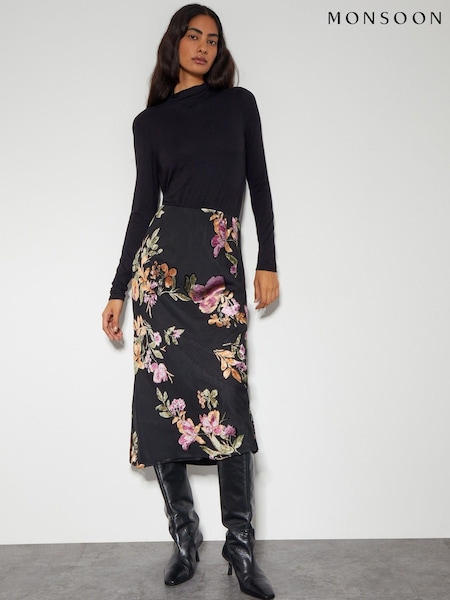 Monsoon Black Ariella Floral Devore Midi Skirt (AM3447) | AED266