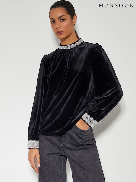 Monsoon Tate Bead Trim Velvet Top (AM3452) | 271 LEI