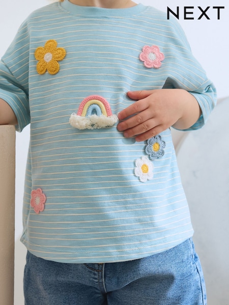 Blue Crochet Rainbow Flowers Short Sleeve T-Shirt (3mths-7yrs) (AM3459) | €12 - €15