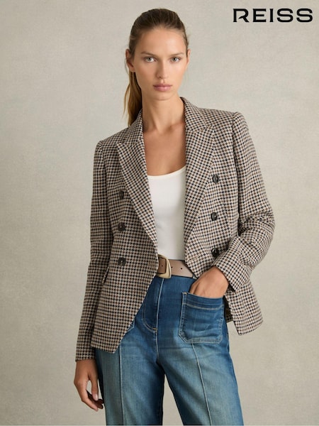 Reiss Evie Cotton-linen Double-breasted Houndstooth-check Blazer (AM3667) | kr6 280