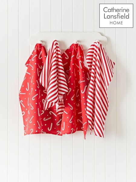 Catherine Lansfield 4 Pack Christmas Candy Cane 100% Cotton Tea Towels