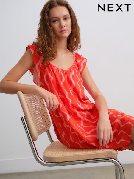 Rot/Pink Wellenstreifen - Minikleid mit V-Ausschnitt und Rüschenärmeln aus Leinen (AM3856) | 42 €