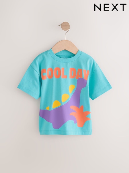 Turquoise Blue Dinosaur 100% Cotton Short Sleeve Graphic Print T-Shirt (3mths-8yrs) (AM3947) | R$ 50 - R$ 70