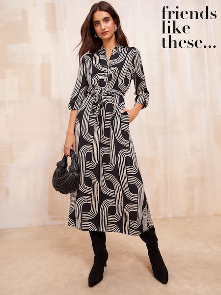 Friends Like These Black/White Long Sleeve Midi Shirt Dress (AM3950) | €42
