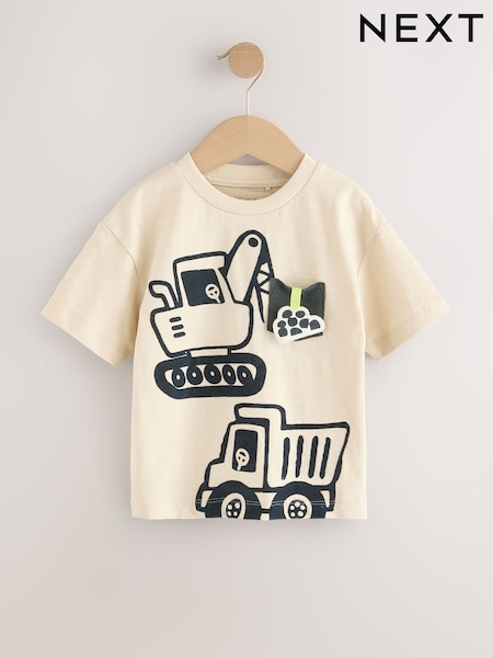 White Digger Interactive Pocket Short Sleeve Transport T-Shirt (3mths-7yrs) (AM3972) | 30 QAR - 40 QAR