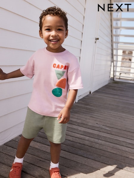 Pink 100% Cotton Short Sleeve Back Print T-Shirt And Shorts Set (3mths-7yrs) (AM3990) | R$ 110 - R$ 145