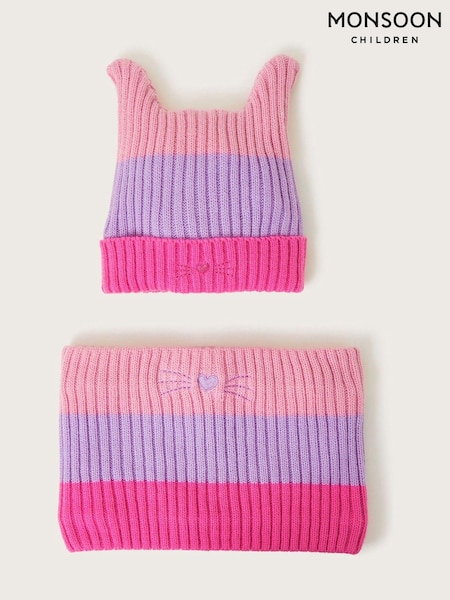 Monsoon Pink Stripe Cat Winter Beanie Hat and Snood Set (AM4015) | €18 - €32