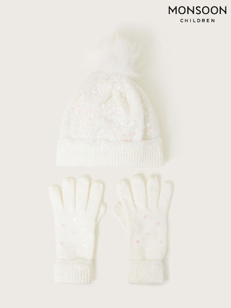 Monsoon White Lizzie Sequin Hat and Gloves Set (AM4020) | €36 - €37