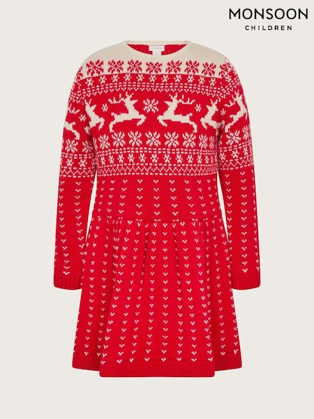 Monsoon Red Christmas Fair Isle Pattern Jumper Dress (AM4026) | €33 - €37