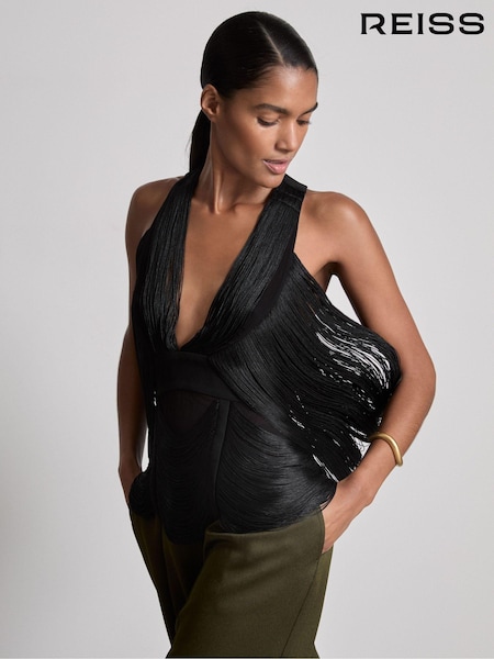 Reiss Black Sanna Atelier Draped Fringe Deep-V Top (AM4071) | €161